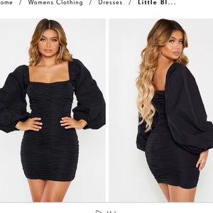 PRETTYLITTLETHING • NWT Black Balloon Sleeve Ruched Bodycon Dress size 4/Small